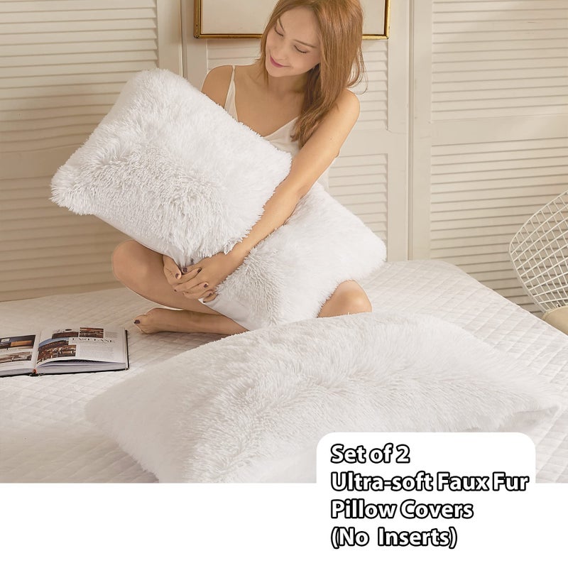 LIFEREVO 2 Pack Faux Fur Pillow Shams,Shaggy Plush Home Decorative Luxury Series Super Soft Furry Pillow Case with Zipper Closure for Home Sofa Couch Decoration,Standard (White,20"x26") - Image 2